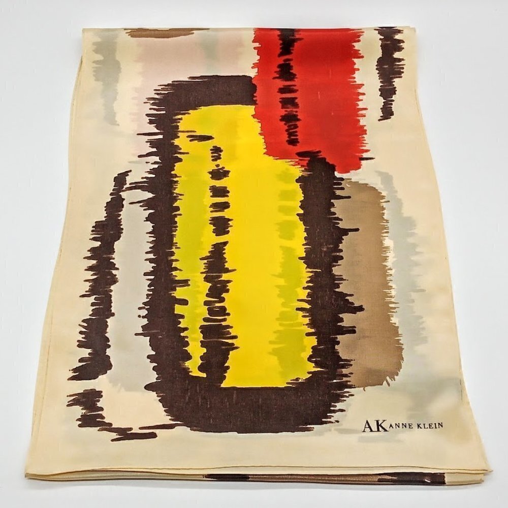 Anne Klein Tan Red Yellow Abstract Print Silk Oblong Scarf